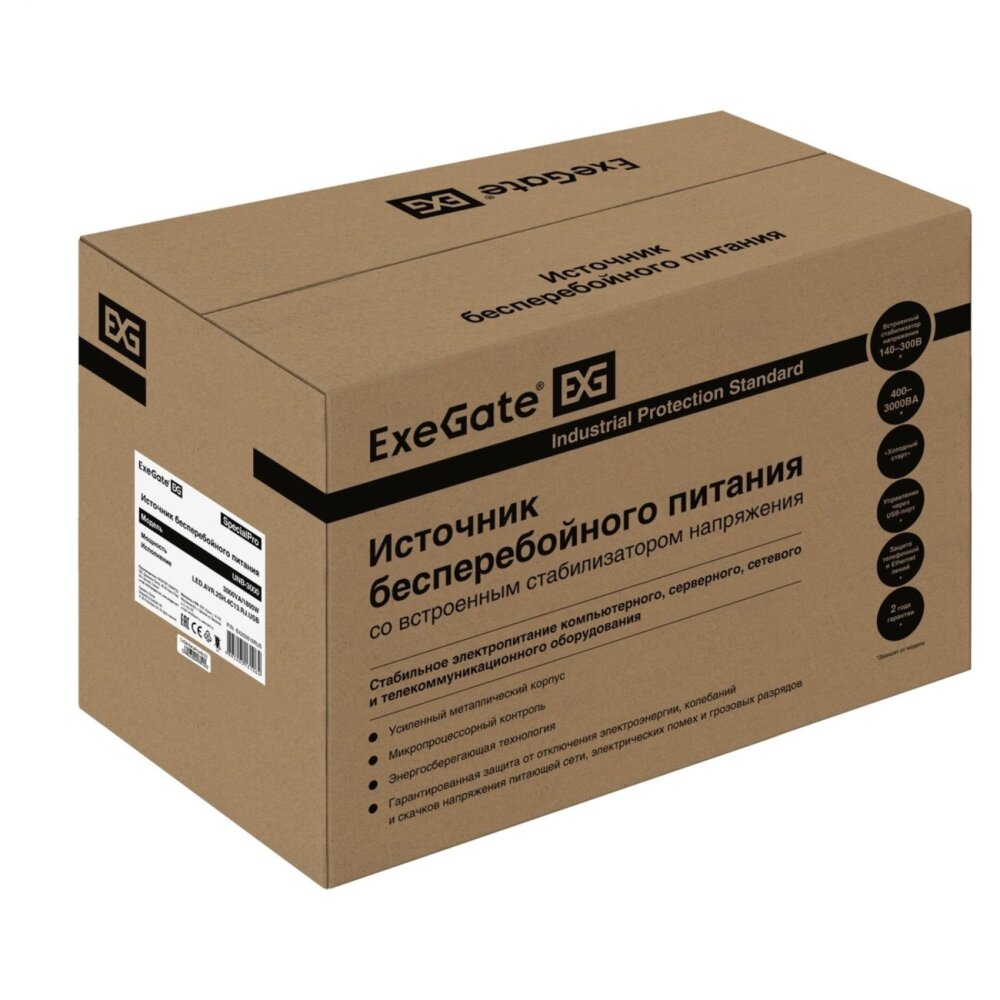 Источник бесперебойного питания ExeGate EX292614RUS SpecialPro UNB-3000.LED.AVR.3SH.2C13.RJ.USB 3000VA/1800W,LED, AVR,3*Schuko+2*C13,RJ45/11,USB, металлический корпус, черный