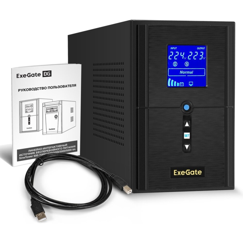 Источник бесперебойного питания ExeGate SineTower SN-1000.LCD.AVR.2SH.1C13.USB / 1000 ВА / 800 Вт / 2 x CEE 7 (евророзетка), 1 x IEC 320 C13