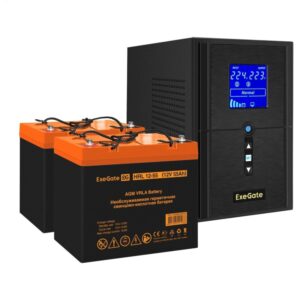 Комплект Источник бесперебойного питания EX295987RUS + батарея 55Aч EX285652RUS 2шт (инвертор, синус, для котла) ExeGate SineTower SZ-1000.LCD.AVR.2SH.1C13.USB 1000VA/800W, чистый синусоида, LCD дисплей, AVR, 2*Schuko+1*C13, USB, линейно-интерактивный, черный + батарея ExeGate HRL 12-55 (12В, 55А·ч) 2шт