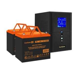 Комплект Источник бесперебойного питания EX295988RUS + батарея 80Aч EX285654RUS 2шт (инвертор, синус, для котла) ExeGate SineTower SZ-1500.LCD.AVR.2SH.1C13.USB <1500VA/1200W, чистый синусоида, LCD дисплей, AVR, 2*Schuko+1*C13, USB, линейно-интерактивный, Black> + батарея ExeGate HRL 12-80 (12В, 80Ач) 2шт