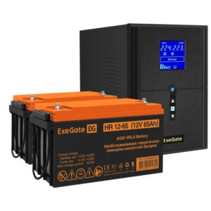 Комплект Источник бесперебойного питания EX295989RUS + батарея 65Aч EX282982RUS 2шт (инвертор, синус, для котла) ExeGate SineTower SZ-2000.LCD.AVR.3SH.1C13.USB <2000VA/1600W, чистый синусоида, LCD дисплей, AVR, 3*Schuko+1*C13, USB, линейно-интерактивный, черный> + батарея ExeGate HR 12-65 (12В, 65А·ч) 2шт