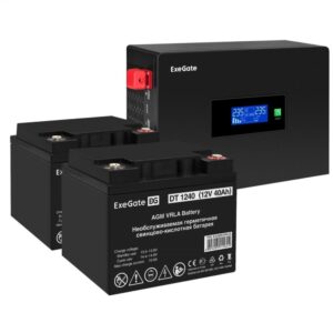Комплект Источник бесперебойного питания EX295994RUS + батарея 40Aч EX282976RUS 2шт (инвертор, синус, для котла, PF=1, настенный) ExeGate IdealSine SR-1500.LCD.2SH <1500VA/1500W, чистая синусоида, цветной LCD-дисплей, 2*Schuko, крепление настенное, черный> + батарея ExeGate DT 1240 (12В, 40А·ч) 2шт