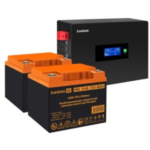 Комплект Источник бесперебойного питания EX295994RUS + батарея 45Aч EX285666RUS 2шт (инвертор, синус, для котла, PF=1, настенный) ExeGate IdealSine SR-1500.LCD.2SH <1500VA/1500W, чистая синусоида, цветной LCD-дисплей, 2*Schuko, крепление настенное, черный> + батарея ExeGate HRL 12-45 (12В, 45Ач) 2шт