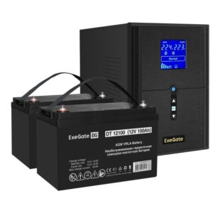 Комплект источника бесперебойного питания Exegate EX295989RUS + батарея 100Aч EX282985RUS 2шт (инвертор, синус, для котла) ExeGate SineTower SZ-2000.LCD.AVR.3SH.1C13.USB <2000VA/1600W, чистый синусоида, LCD дисплей, AVR, 3*Schuko+1*C13, USB, линейно-интерактивный, черный> + батарея ExeGate DT 12100 (12В, 100Ач) 2шт