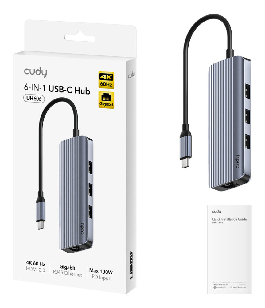 Концентратор USB CUDY UH606, USB Type-C, HDMI + RJ-45 + USB, USB Type-C