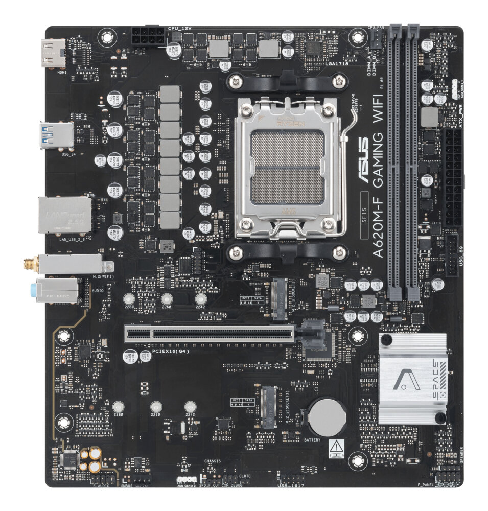 Материнская плата ASUS A620M-F GAMING WIFI, AM5, AMD A620, 2xDDR5, 4xSATA, 2xM.2, 1xPCIe 4.0 x16, 1xPCIe 3.0 x1, HDMI, 1x2.5Gb LAN, 4xUSB, 3x3.5 мм, 7.1, microATX