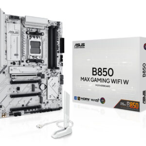 Материнская плата ASUS B850 MAX GAMING WIFI W, AM5, AMD B850, 4xDDR5, 4xSATA, 3xM.2, 1xPCIe 5.0 x16, 1xPCIe 4.0 x4, 2xPCIe 3.0 x1, DisplayPort, HDMI, 1x2.5Gb LAN, USB Type-C, 3x3.5 мм, 7.1, ATX