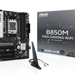 Материнская плата ASUS B850M MAX GAMING WIFI, AM5, AMD B850, 4xDDR5, 4xSATA, 3xM.2, 1xPCIe 5.0 x16, 1xPCIe 4.0 x4, 1xPCIe 3.0 x1, 1xDP, 1xHDMI, 1x1Gb LAN, Wi-Fi 6, Bluetooth 5.4, 1xUSB-C 10Gbps, 2xUSB-A 10Gbps, 2xUSB-A 5Gbps, 5xUSB-A 2.0, 3x3.5 мм, 7.1, mATX
