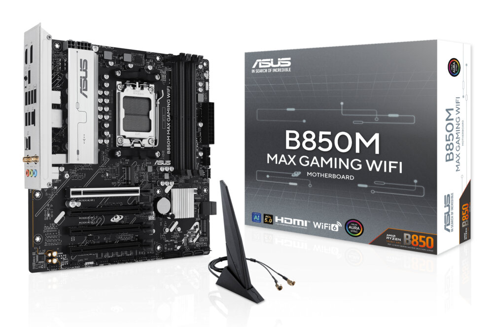 Материнская плата ASUS B850M MAX GAMING WIFI, AM5, AMD B850, 4xDDR5, 4xSATA, 3xM.2, 1xPCIe 5.0 x16, 1xPCIe 4.0 x4, 1xPCIe 3.0 x1, 1xDP, 1xHDMI, 1x1Gb LAN, Wi-Fi 6, Bluetooth 5.4, 1xUSB-C 10Gbps, 2xUSB-A 10Gbps, 2xUSB-A 5Gbps, 5xUSB-A 2.0, 3x3.5 мм, 7.1, mATX