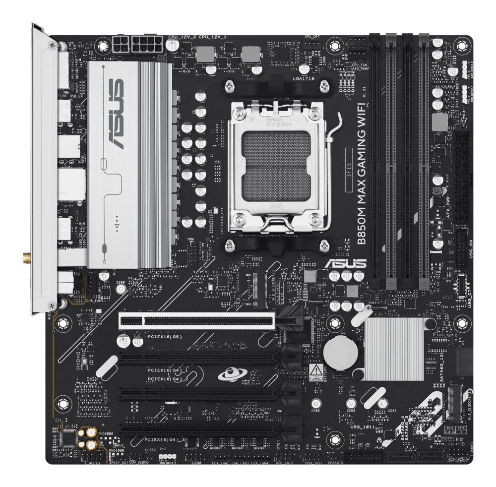 Материнская плата ASUS B850M MAX GAMING WIFI, AM5, AMD B850, 4xDDR5, 4xSATA, 3xM.2, 1xPCIe 5.0 x16, 1xPCIe 4.0 x4, 1xPCIe 3.0 x1, 1xDP, 1xHDMI, 1x1Gb LAN, Wi-Fi 6, Bluetooth 5.4, 1xUSB-C 10Gbps, 2xUSB-A 10Gbps, 2xUSB-A 5Gbps, 5xUSB-A 2.0, 3x3.5 мм, 7.1, mATX