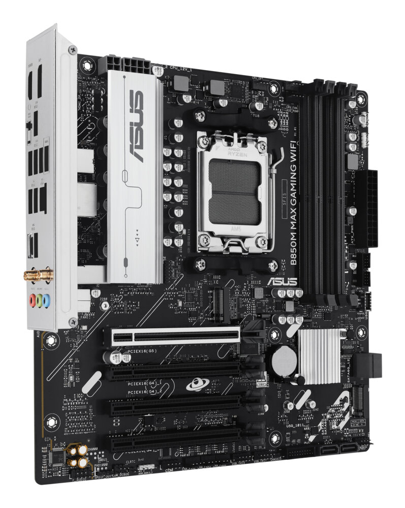 Материнская плата ASUS B850M MAX GAMING WIFI, AM5, AMD B850, 4xDDR5, 4xSATA, 3xM.2, 1xPCIe 5.0 x16, 1xPCIe 4.0 x4, 1xPCIe 3.0 x1, 1xDP, 1xHDMI, 1x1Gb LAN, Wi-Fi 6, Bluetooth 5.4, 1xUSB-C 10Gbps, 2xUSB-A 10Gbps, 2xUSB-A 5Gbps, 5xUSB-A 2.0, 3x3.5 мм, 7.1, mATX