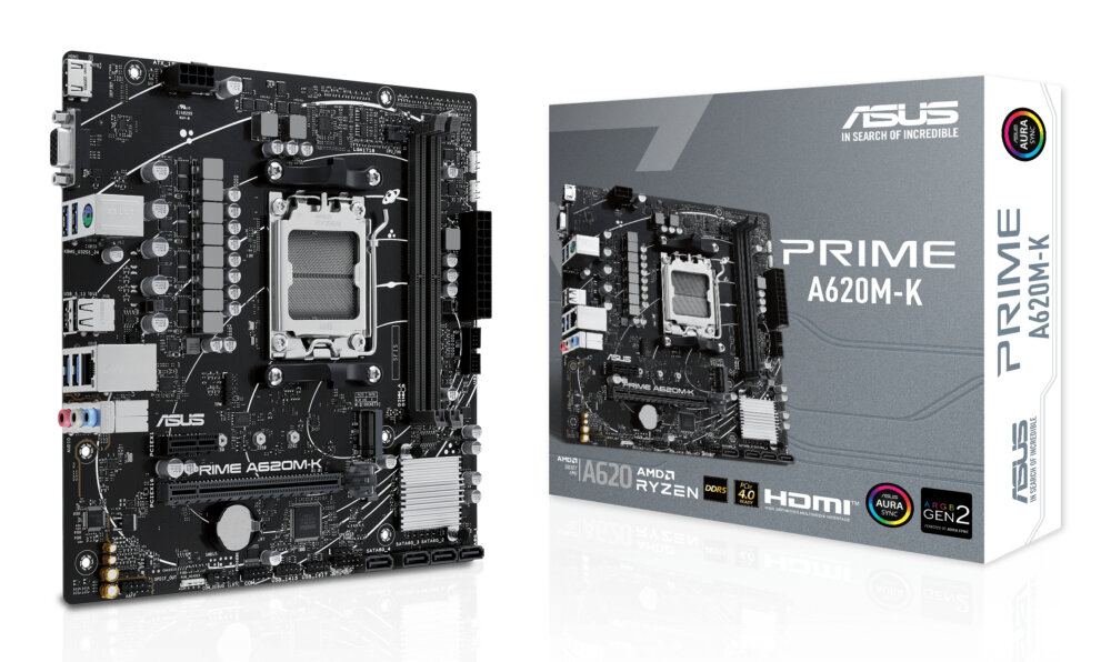 Материнская плата ASUS PRIME A620M-K, AM5, AMD A620, 2xDDR5, 4xSATA, 1xM.2, 1xPCIe 4.0 x16, 1xPCIe x1, HDMI, D-Sub, 1x 1Gb LAN, 6xUSB, 3x3.5 мм, 7.1, microATX