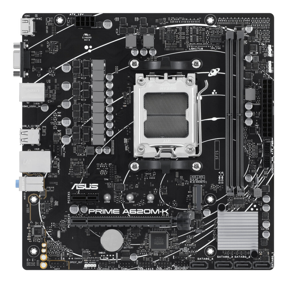Материнская плата ASUS PRIME A620M-K, AM5, AMD A620, 2xDDR5, 4xSATA, 1xM.2, 1xPCIe 4.0 x16, 1xPCIe x1, HDMI, D-Sub, 1x 1Gb LAN, 6xUSB, 3x3.5 мм, 7.1, microATX