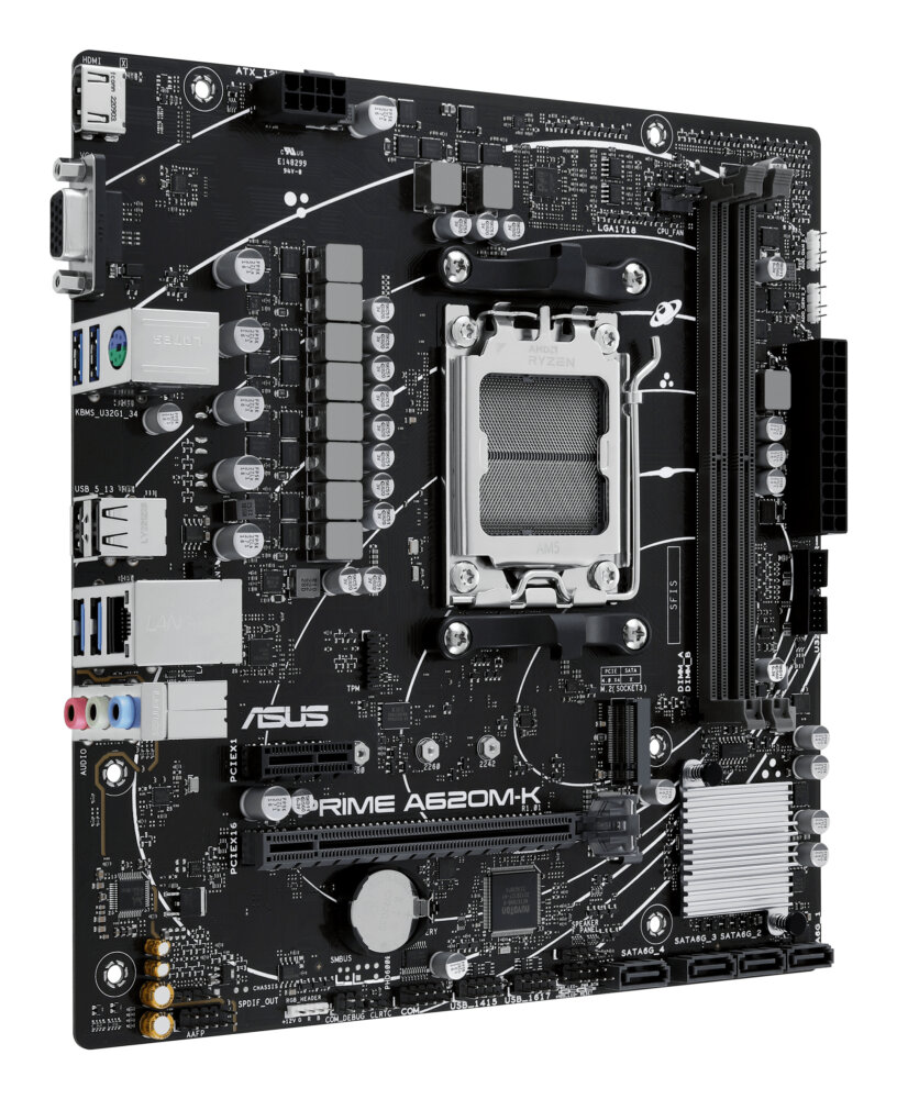 Материнская плата ASUS PRIME A620M-K, AM5, AMD A620, 2xDDR5, 4xSATA, 1xM.2, 1xPCIe 4.0 x16, 1xPCIe x1, HDMI, D-Sub, 1x 1Gb LAN, 6xUSB, 3x3.5 мм, 7.1, microATX