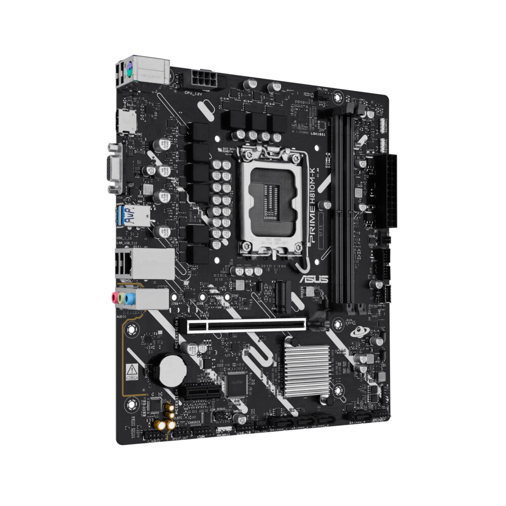 Материнская плата ASUS PRIME H810M-K, LGA 1851, Intel H810, 2xDDR5, 4xSATA, 1xM.2, 1xPCIe 4.0 x16, 1xPCIe 3.0 x1, 1xVGA, 1xHDMI, 1x1Gb LAN, 2xUSB-A 5Gbps, 4xUSB-A 2.0, 3x3.5 мм, 7.1, mATX
