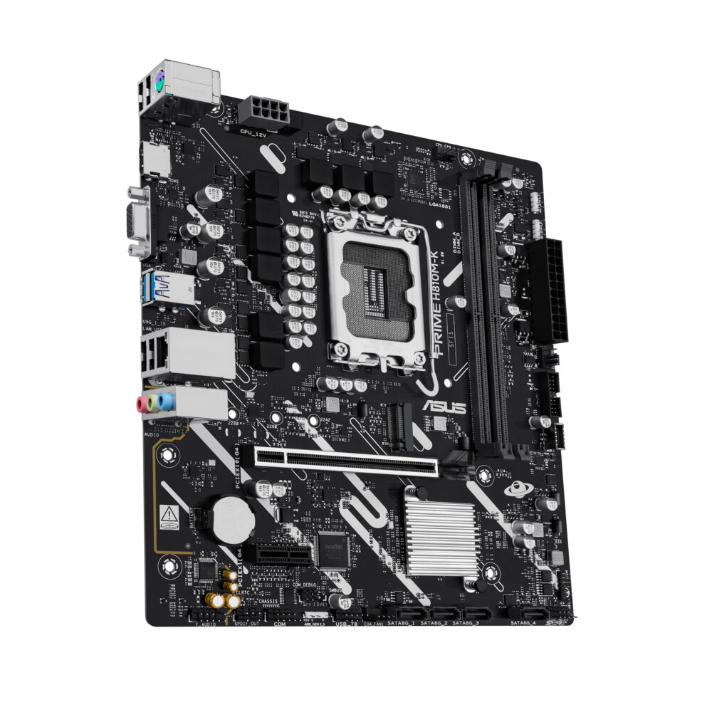 Материнская плата ASUS PRIME H810M-K, LGA 1851, Intel H810, 2xDDR5, 4xSATA, 1xM.2, 1xPCIe 4.0 x16, 1xPCIe 3.0 x1, 1xVGA, 1xHDMI, 1x1Gb LAN, 2xUSB-A 5Gbps, 4xUSB-A 2.0, 3x3.5 мм, 7.1, mATX