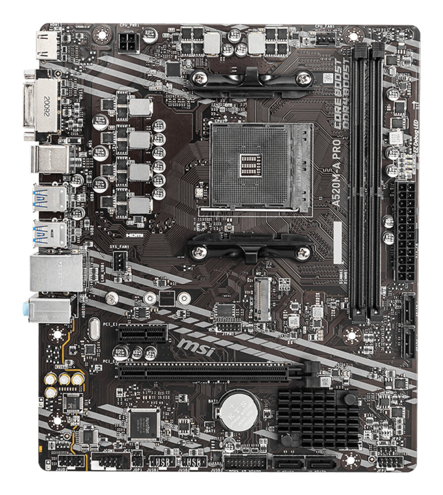 Материнская плата MSI A520M-A PRO, AM4, AMD A520, 2xDDR4, 4xSATA, 1xM.2, 1xPCIe 3.0 x16, DVI-D, HDMI, 1x1Gb LAN, 3x3.5 мм, 7.1, microATX
