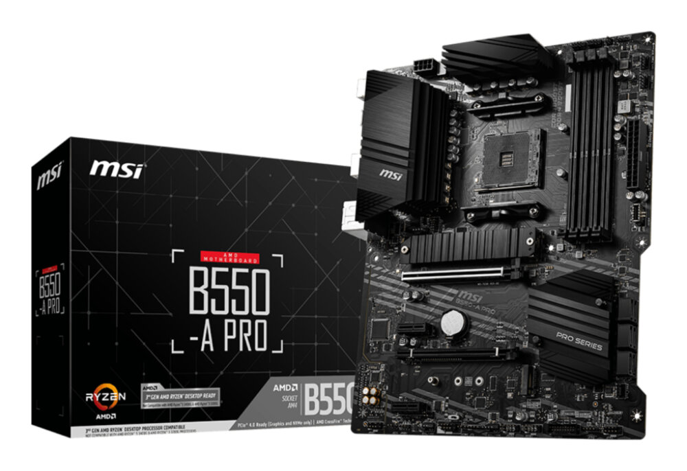 Материнская плата MSI B550-A PRO, AM4, AMD B550, 4xDDR4, 6xSATA, 2xM.2, 1xPCIe 4.0 x16, 2xPCIe 3.0 x1, 1xHDMI, 1xDisplayPort, 1x 1Gb LAN, 2xUSB 3.2 Gen2, 2xUSB 3.2 Gen1, 4xUSB 2.0, 6x3.5 мм, 7.1, ATX