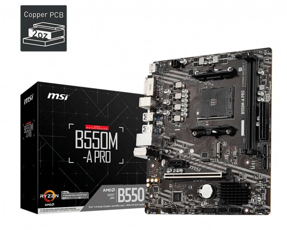 Материнская плата MSI B550M-A PRO, AM4, AMD B550, 2xDDR4, 4xSATA, 1xM.2, 1xPCIe 4.0 x16, DVI-D, HDMI, 1x1Gb LAN, 3x3.5 мм, 7.1, microATX