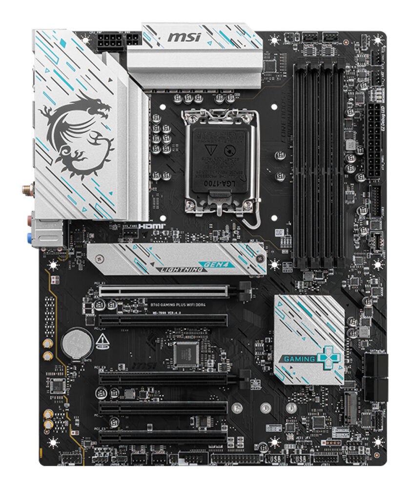 Материнская плата MSI B760 GAMING PLUS WIFI DDR4, LGA1700, Intel B760, 4xDDR4, 4xSATA, 2xM.2, 2xPCIe x16, DisplayPort, HDMI, 1x2.5Gb LAN, USB Type-C, 5x3.5 мм, 7.1, ATX