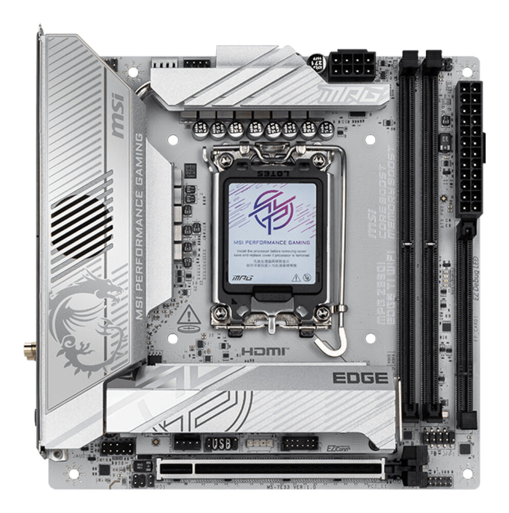 Материнская плата MSI MPG Z890I EDGE TI WIFI, LGA1851, Intel Z890, 2xDDR5, 0xSATA, 3xM.2, 1xPCIe 5.0 x16, HDMI, USB Type-C, 1x5Gb LAN, Thunderbolt, 2x3.5 мм, 7.1, mini-ITX