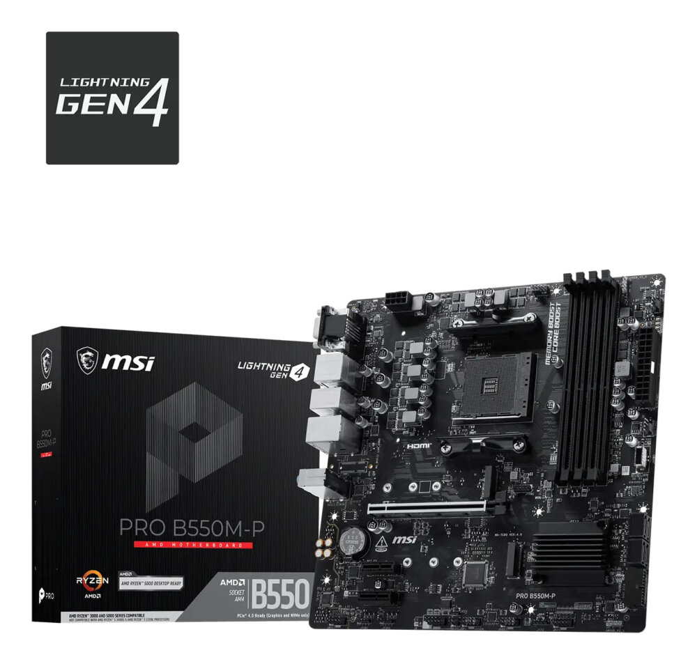 Материнская плата MSI PRO B550M-P, AM4, AMD B550, 4xDDR4, 4xSATA 6Gb/s, 2xM.2 (PCIe 4.0/3.0), 1xPCIe 4.0 x16, 2xPCIe 3.0 x1, 1xVGA, 1xHDMI, 1xDisplayPort, 1x 1Gb LAN, 4xUSB 3.2 Gen1 Type-A, 2xUSB 2.0 Type-A, 3x3.5 мм, 7.1, microATX
