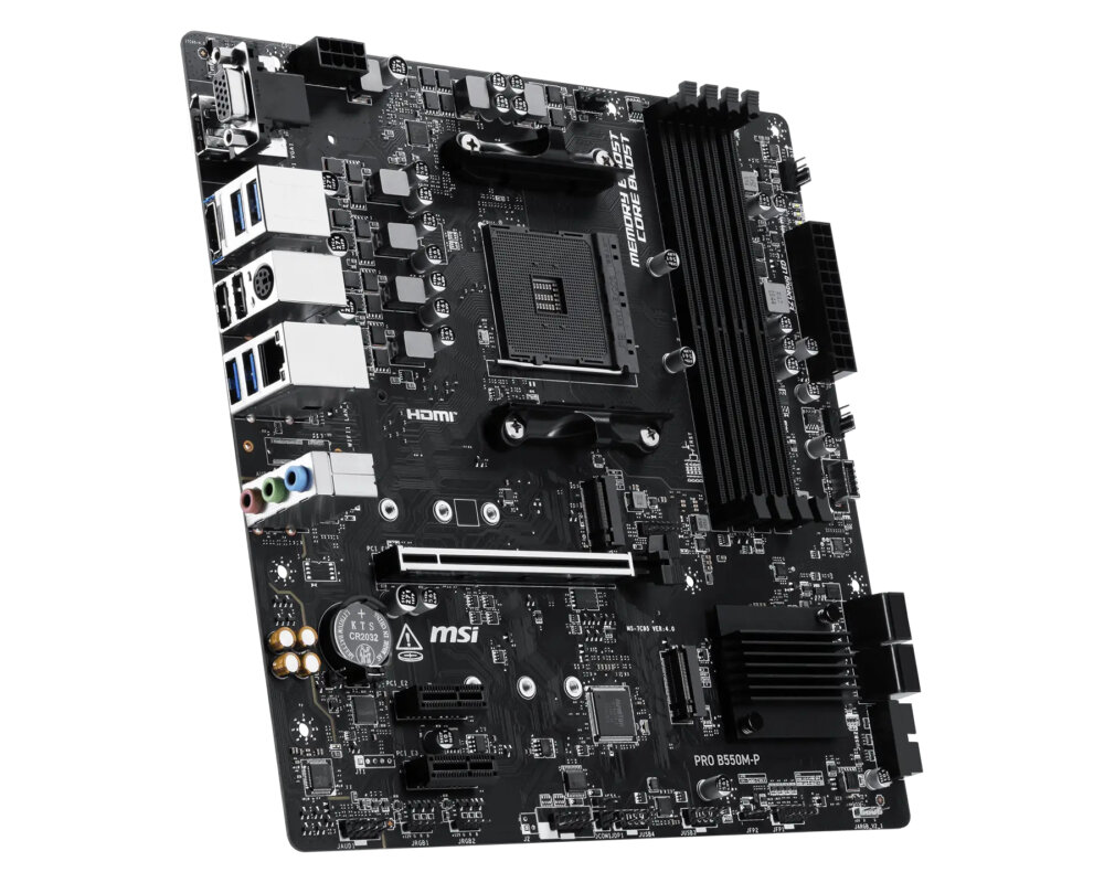 Материнская плата MSI PRO B550M-P, AM4, AMD B550, 4xDDR4, 4xSATA 6Gb/s, 2xM.2 (PCIe 4.0/3.0), 1xPCIe 4.0 x16, 2xPCIe 3.0 x1, 1xVGA, 1xHDMI, 1xDisplayPort, 1x 1Gb LAN, 4xUSB 3.2 Gen1 Type-A, 2xUSB 2.0 Type-A, 3x3.5 мм, 7.1, microATX