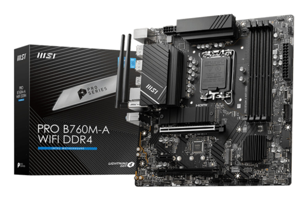 Материнская плата MSI PRO B760M-A WIFI DDR4, LGA1700, Intel B760, 4xDDR4, 4xSATA, 2xM.2, 2xPCIe x16, 1xPCIe x1, DisplayPort, HDMI, 1x2.5Gb LAN, 3x3.5 мм, 7.1, microATX