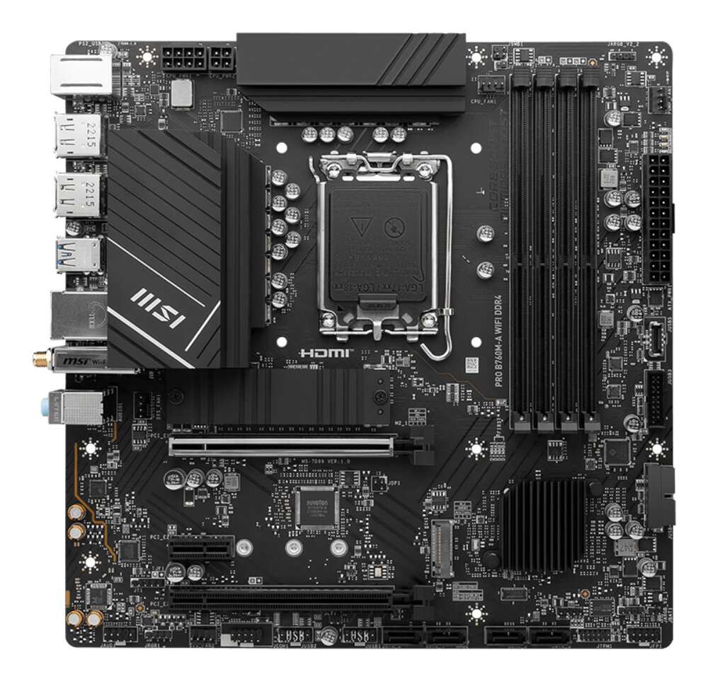 Материнская плата MSI PRO B760M-A WIFI DDR4, LGA1700, Intel B760, 4xDDR4, 4xSATA, 2xM.2, 2xPCIe x16, 1xPCIe x1, DisplayPort, HDMI, 1x2.5Gb LAN, 3x3.5 мм, 7.1, microATX
