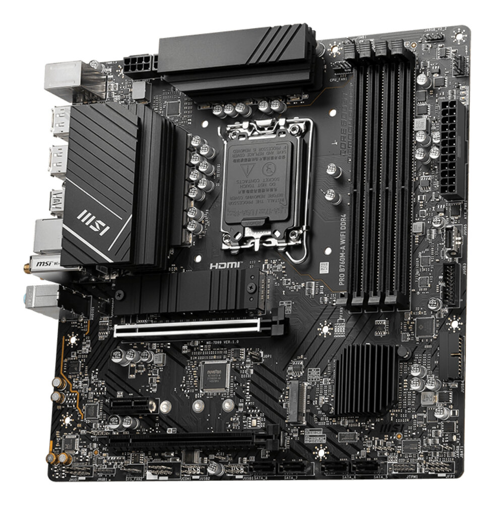 Материнская плата MSI PRO B760M-A WIFI DDR4, LGA1700, Intel B760, 4xDDR4, 4xSATA, 2xM.2, 2xPCIe x16, 1xPCIe x1, DisplayPort, HDMI, 1x2.5Gb LAN, 3x3.5 мм, 7.1, microATX
