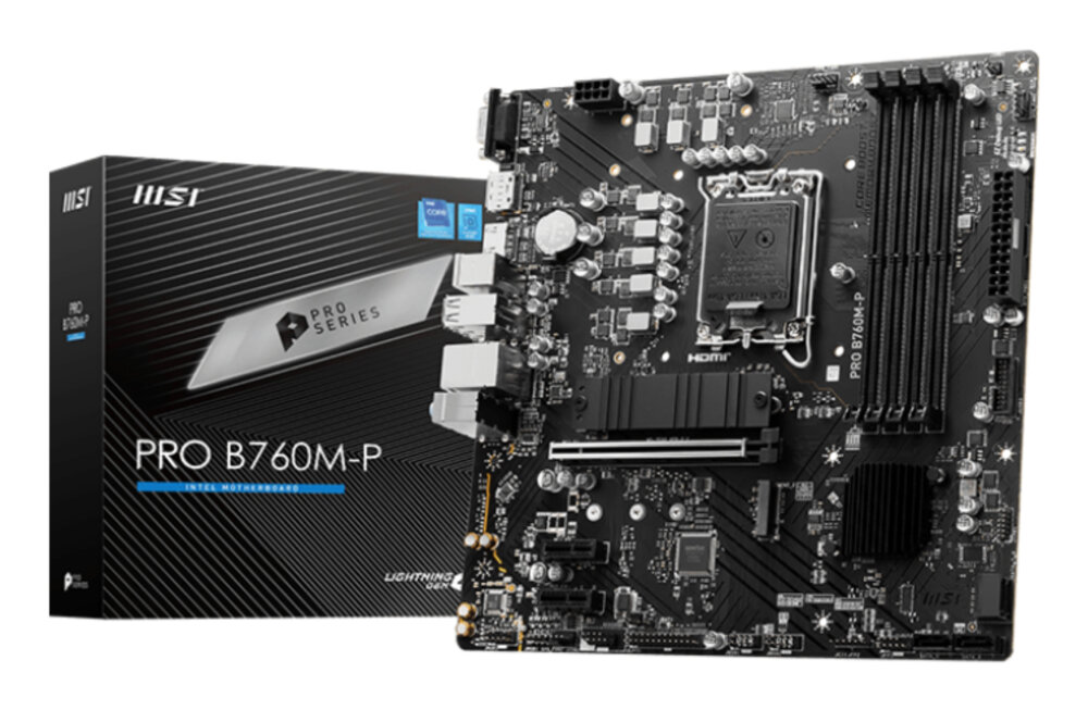 Материнская плата MSI PRO B760M-P, LGA1700, Intel B760, 4xDDR5, 4xSATA, 2xM.2, 1xPCIe 4.0 x16, 2xPCIe x1, DisplayPort, HDMI, D-Sub, 1x1Gb LAN, USB Type-C, 3x3.5 мм, 7.1, microATX