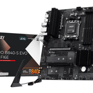 Материнская плата MSI PRO B840-S EVO WIFI6E, AM5, AMD B840, 4xDDR5 (до 256 ГБ), 4xSATA, 3xM.2 (PCIe 4.0/3.0), 1xPCIe 4.0 x16, 1xPCIe 3.0 x16, 1xHDMI, 1x2.5Gb LAN, Wi-Fi 6E, Bluetooth 5.3, 1xUSB-C 10Gbps, 1xUSB-A 10Gbps, 2xUSB-A 5Gbps, 4xUSB-A 2.0, 3x3.5 мм, 7.1, чёрный, ATX