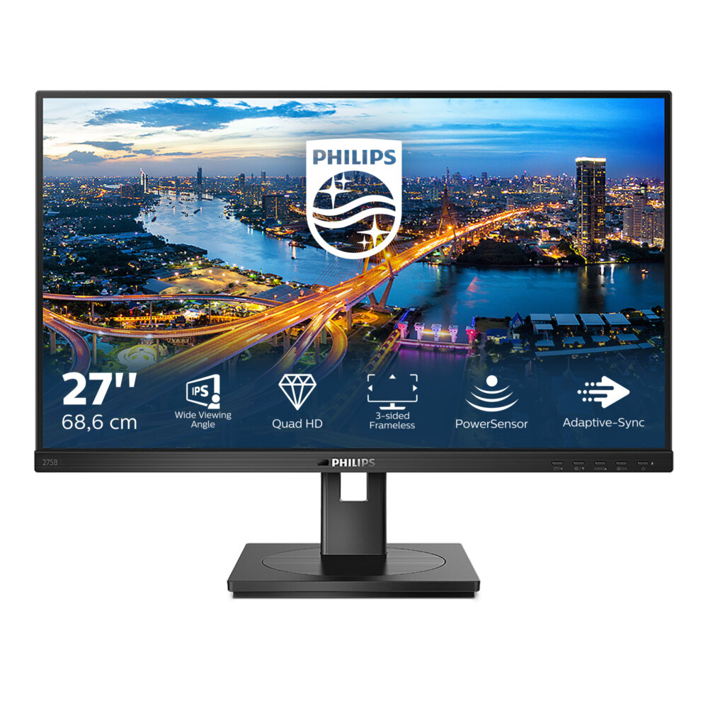 Монитор 27" Philips 275B1 IPS 2560x1440, 75 Гц, 4 мс, 16:9, 350 кд/м², HDMI, DisplayPort, DVI-D, Flicker Free, Low Blue Light, черный