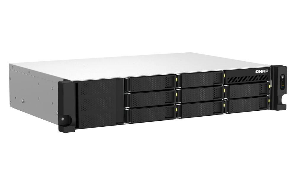 Сетевое хранилище SMB QNAP TS-873AeU-RP-4G NAS 8 HDD trays, 2x 2.5 GbE. 64-bit 4-core AMD V1500B 2,2 GHz, 4 Gb. RAM (1*4 Gb) up to 32Gb (2*16 Gb), 2 x M2 2280 (PCIe Gen3 x 1), 2xPSU W/o rail kit RAIL-B02