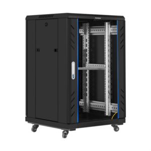 Шкаф телекоммуникационный 19" напольный 18U ExeGate EC-FS-18U.600.800.G.BLACK (19”, 18U, 600x800x987mm (ШхГхВ), передняя дверь закаленное стекло, задняя перфорированная дверь, съемные боковые панели, пыле- и влагозащита IP20, встроенный вентиляционный модуль, 1 полка в комплекте, черный RAL 9004, 3 коробки)