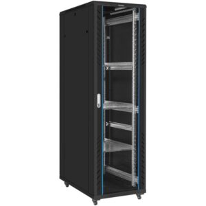 Шкаф телекоммуникационный 19" напольный 42U ExeGate EC-FS-42U.600.1000.G.V.BLACK (19”, 42U, 600x1000x2054mm (ШхГхВ), передняя дверь закаленное стекло, задняя перфорированная дверь, съемные боковые панели, пыле- и влагозащита IP20, встроенный вентиляционный модуль, 1 полка в комплекте, черный RAL 9004, 3 коробки)