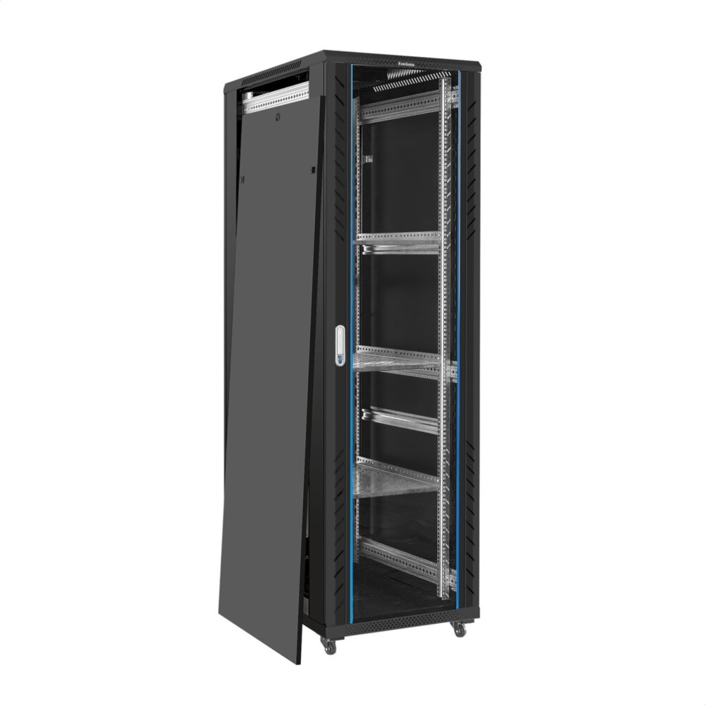 Шкаф телекоммуникационный 19" напольный 42U ExeGate EC-FS-42U.600.1000.G.V.BLACK (19”, 42U, 600x1000x2054mm (ШхГхВ), передняя дверь закаленное стекло, задняя перфорированная дверь, съемные боковые панели, пыле- и влагозащита IP20, встроенный вентиляционный модуль, 1 полка в комплекте, черный RAL 9004, 3 коробки)