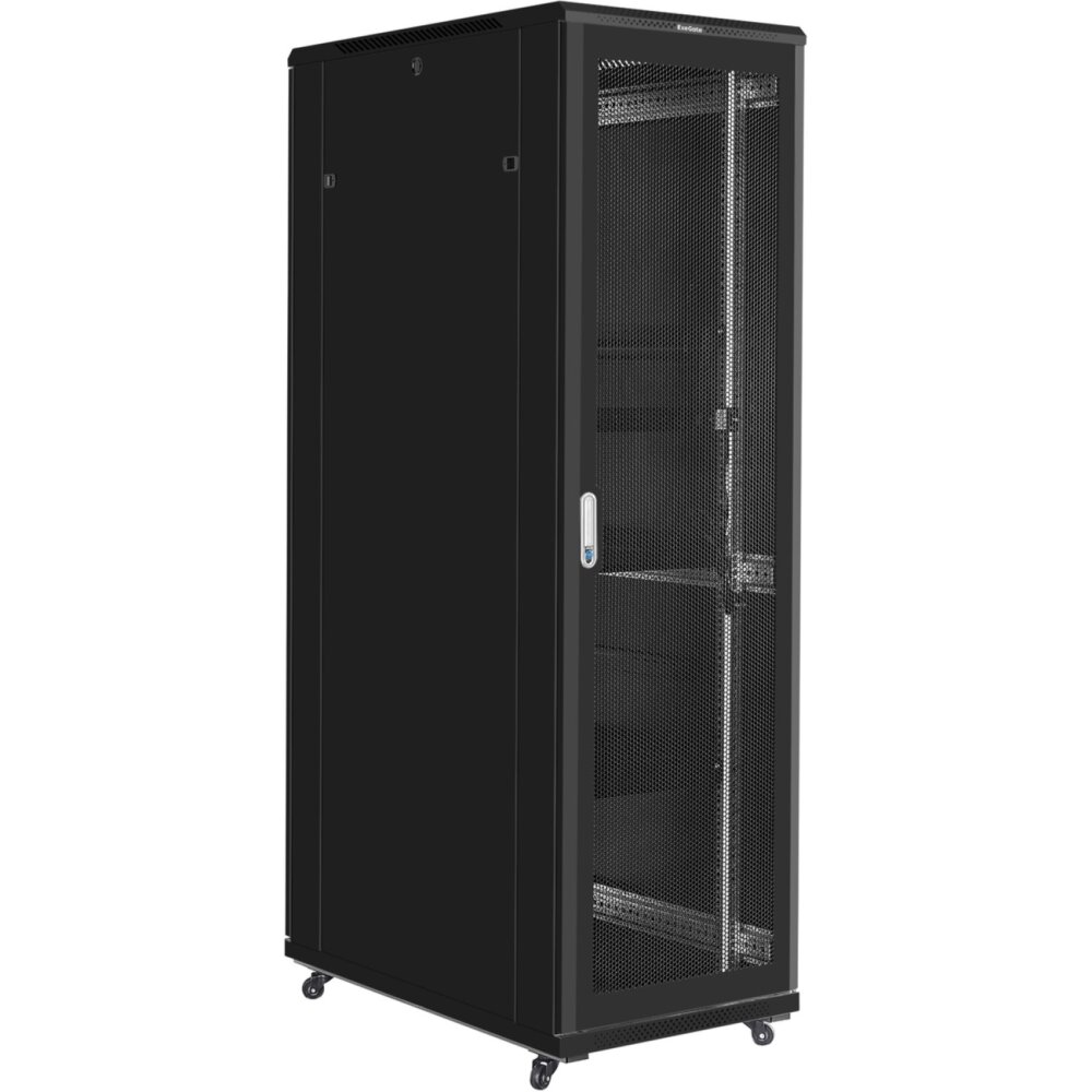 Шкаф телекоммуникационный 19" напольный 42U ExeGate EC-FS-42U.600.1000.G.V.BLACK (19”, 42U, 600x1000x2054mm (ШхГхВ), передняя дверь закаленное стекло, задняя перфорированная дверь, съемные боковые панели, пыле- и влагозащита IP20, встроенный вентиляционный модуль, 1 полка в комплекте, черный RAL 9004, 3 коробки)