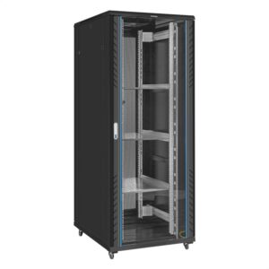Шкаф телекоммуникационный 19" напольный 42U ExeGate EC-FS-42U.800.1000.G.V.BLACK (19”, 42U, 800x1000x2054mm (ШхГхВ), передняя дверь закаленное стекло, задняя двойная перфорированная дверь, съемные боковые панели, пыле- и влагозащита IP20, встроенный вентиляционный модуль, 1 полка в комплекте, черный RAL 9004, 3 коробки)