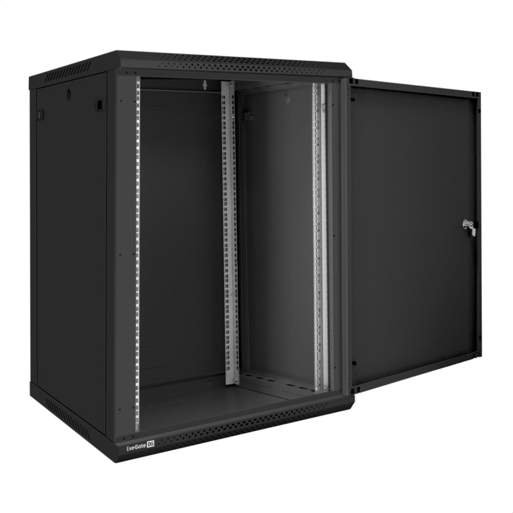 Шкаф телекоммуникационный 19" настенный 18U ExeGate EC-WM-18U.600.M.BLACK (19”, 18U, 600x600x901mm (ШхГхВ), передняя дверь металл, съемные боковые панели, пыле- и влагозащита IP23, черный RAL 9004)