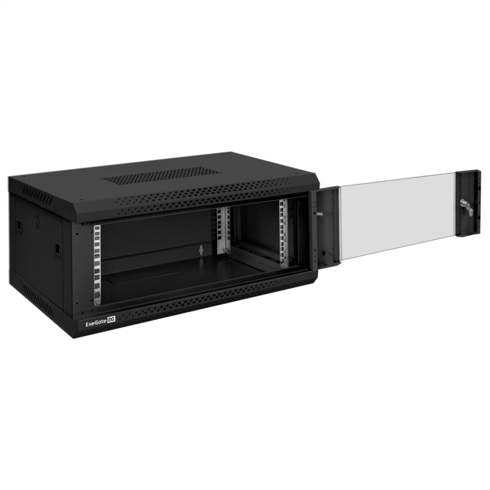 Шкаф телекоммуникационный 19" настенный 4U ExeGate EC-WM-4U.450.G.BLACK (19”, 4U, 600x450x280mm (ШхГхВ), передняя дверь закаленное стекло, съемные боковые панели, пыле- и влагозащита IP23, черный RAL 9004)