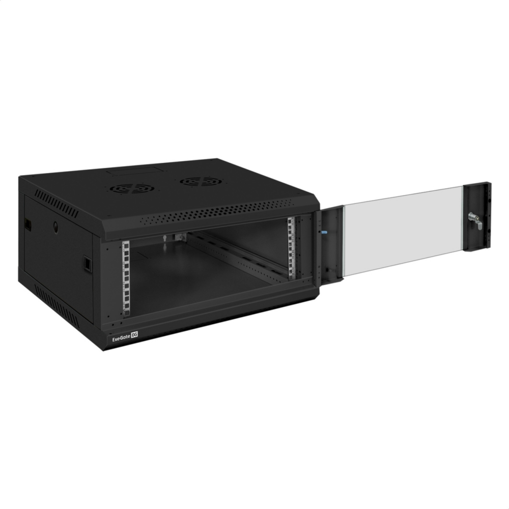 Шкаф телекоммуникационный 19" настенный 4U ExeGate EC-WM-4U.600.G.BLACK (19”, 4U, 600x600x280mm (ШхГхВ), передняя дверь закаленное стекло, съемные боковые панели, пыле- и влагозащита IP23, черный RAL 9004)