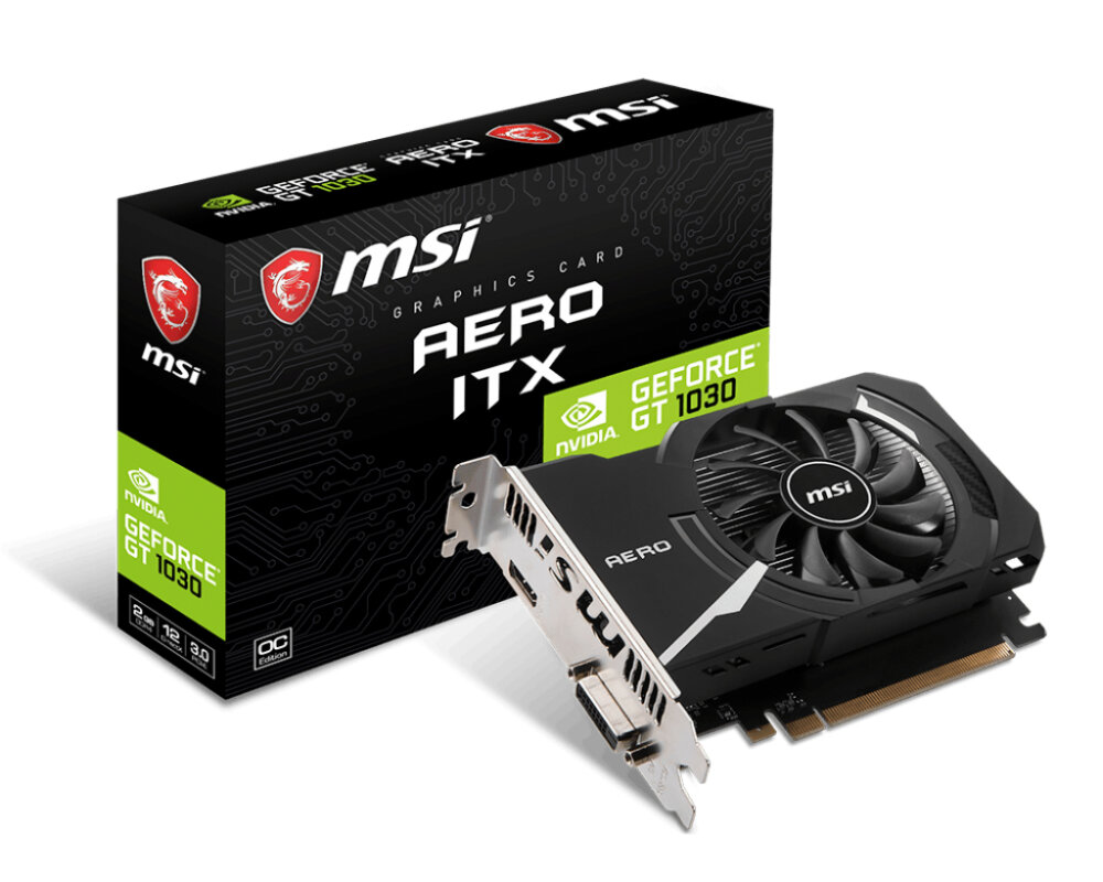 Видеокарта MSI GeForce GT 1030 AERO ITX 2GD4 OC, 2 GB GDDR4, 64 bit, HDMI, DVI-D, GPU 1265 MHz